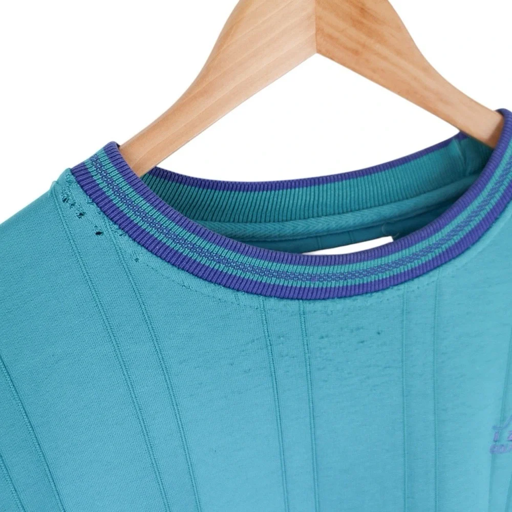 Vintage Yacht Club Sweatshirt 90s Teal Crewneck Striped Textured Size Large - Picture 4 of 6